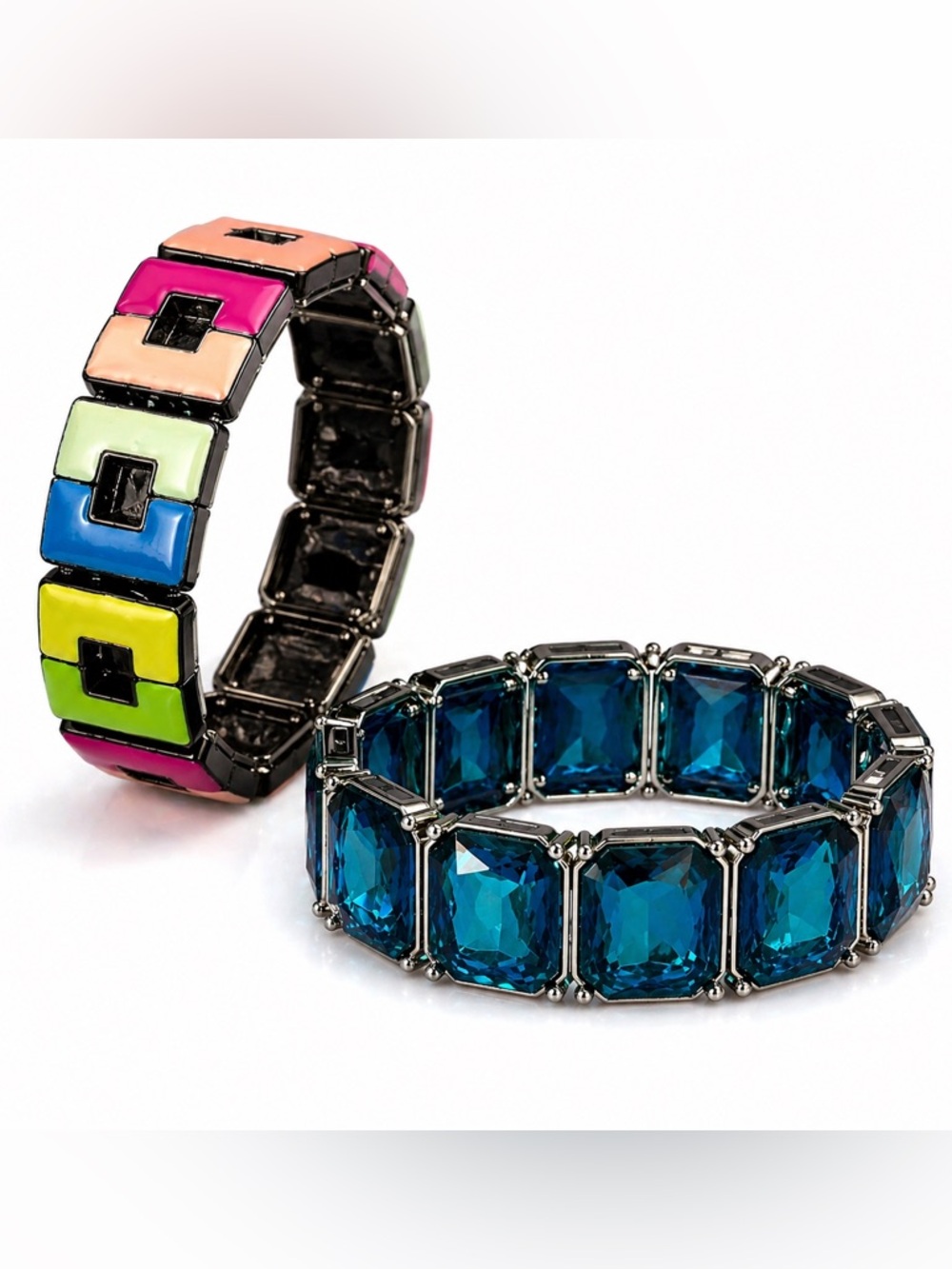 Y2K Rhinestone and Colorful Enamel Link Stretch Bracelet Set- Lot of 2 - Picture 3 of 4